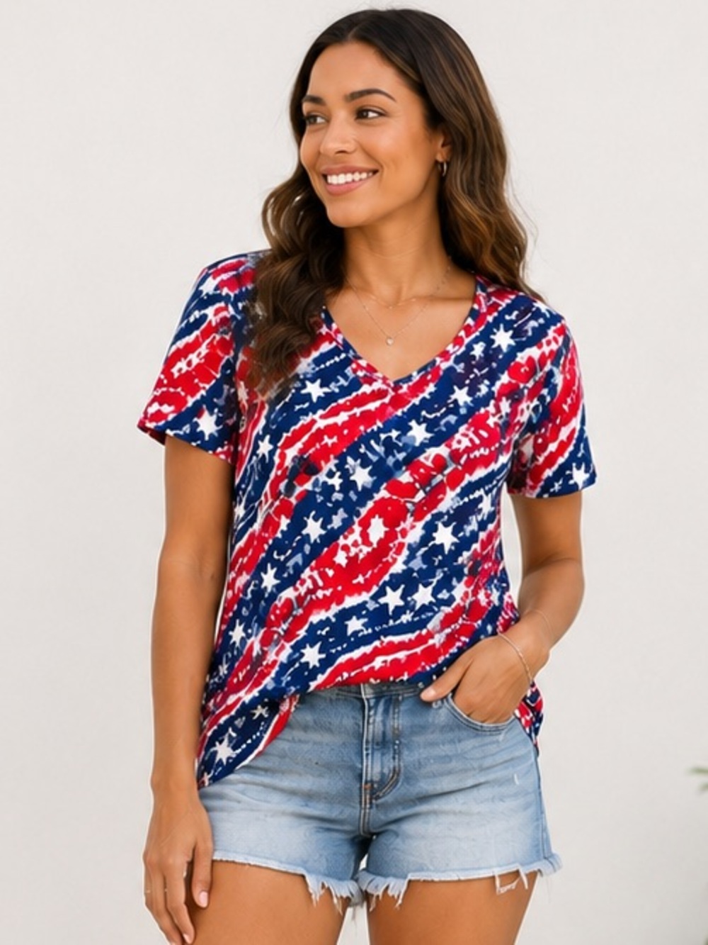NWT Hybrid Apparel Patriotic American Flag Tie-Dye V-Neck Tee XL Red White blue